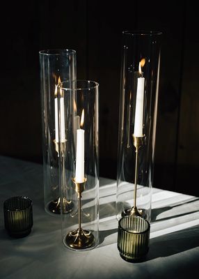 𝑪𝒆𝒏𝒕𝒆𝒓𝒑𝒊𝒆𝒄𝒆- Gold Candlesticks With Clear Glass 𝑺𝑴𝑶𝑶𝑻𝑯 Chimneys/Hurricane Shades Open End Design -𝑠𝑒𝑡 𝑜𝑓 𝑡ℎ𝑟𝑒𝑒