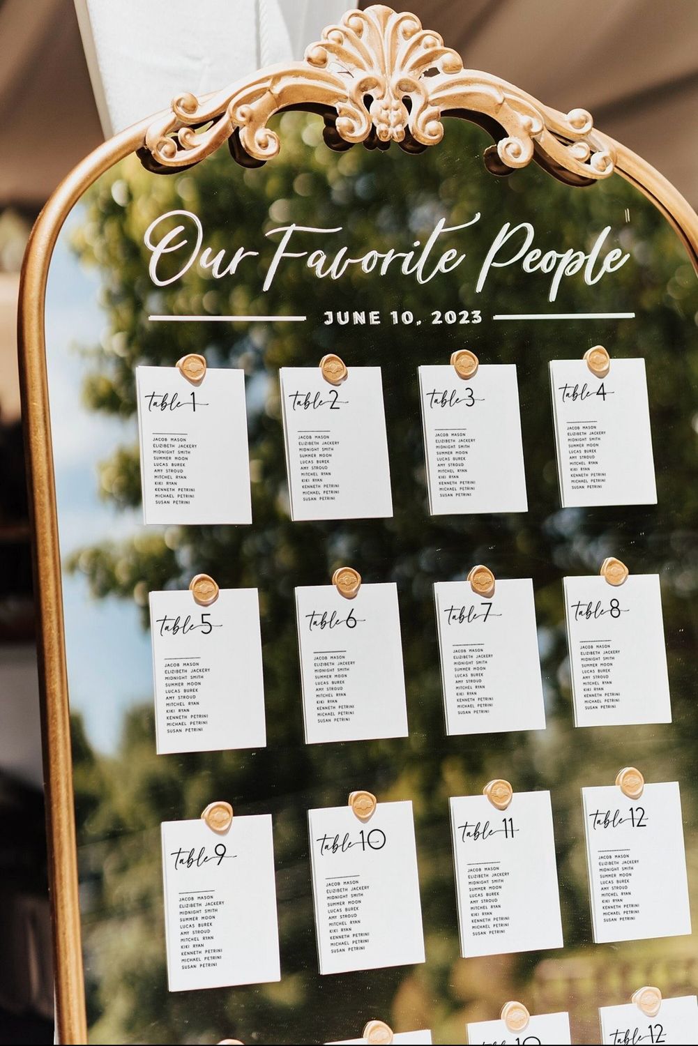 Mirrors and Signs / 6’ Included: Personalization of your choice, Seating Assignment Cards, and self adhesive wax seals. NOT Included: Table Name Cards but can be added for additional cost.