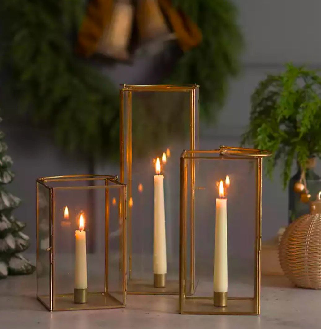 𝑪𝒆𝒏𝒕𝒆𝒓𝒑𝒊𝒆𝒄𝒆- Gold Iron &amp; Glass Taper Candle Lantern 8in-10in-14in/ set of three