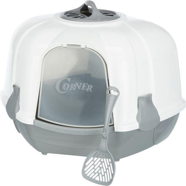 Kattenbak Maro hoekmodel, met kap 60 × 43 × 52 cm, lichtgrijs/graniet  40356