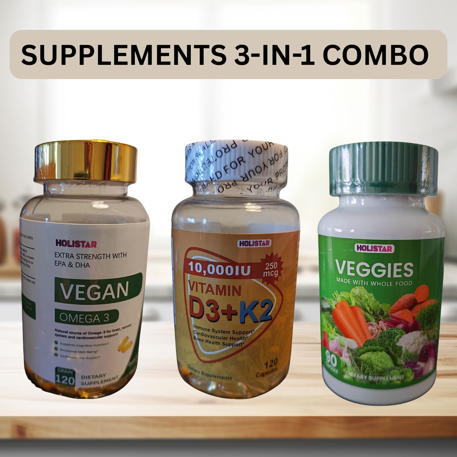 3 Supplement Combo - Vegan Omega 3, Vitamin D3 + K2 &amp; Veggies