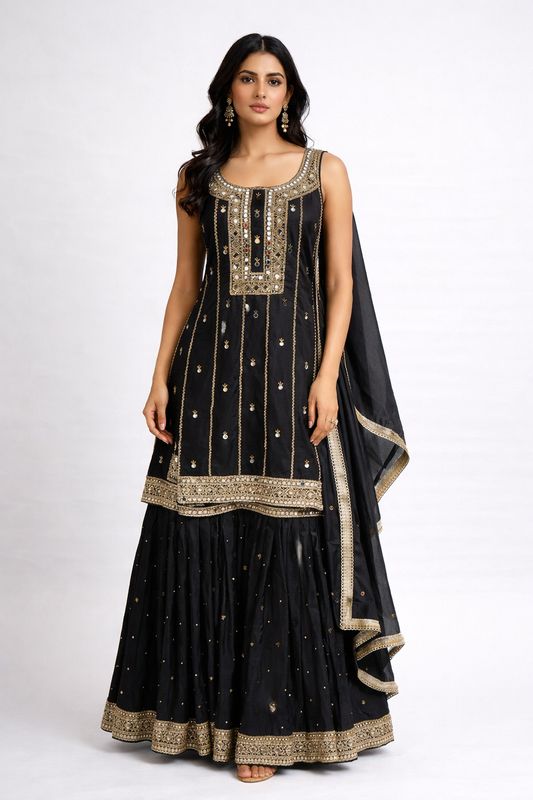 Heavy Mirrorwork black sharara suit