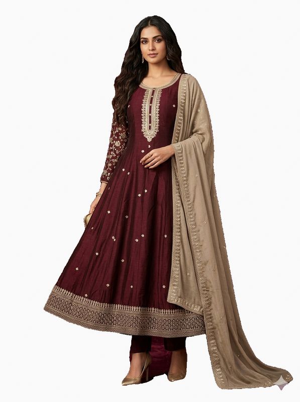 Bordeau beige art silk anarkali set