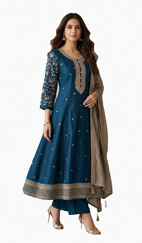 Blue beige art silk anarkali set