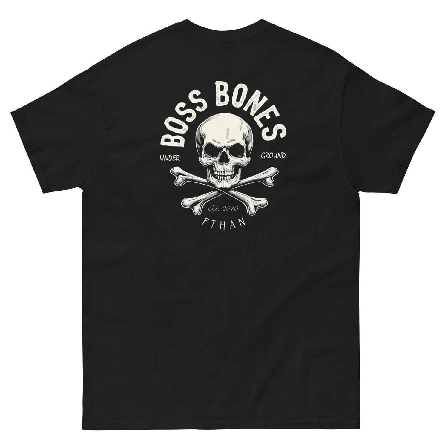 the Boss Bones Underground T-Shirt - the epitome of edgy style and timeless design. Crafted from 100% cotton for ultimate comfort, this black tee is perfect for anyone looking to make a statement without saying a word.