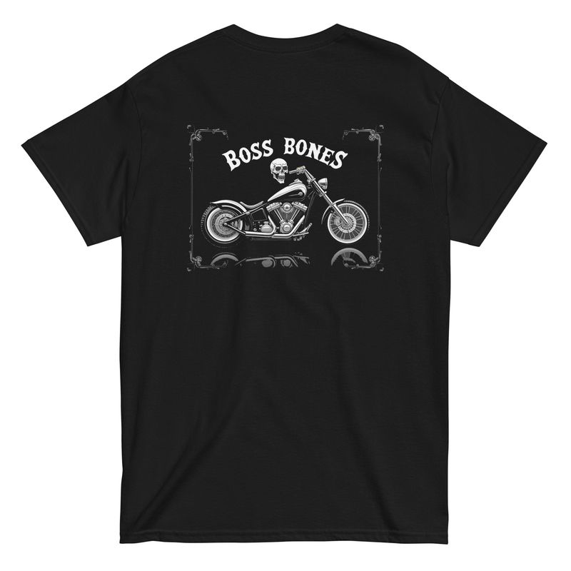 Dive into the rebellious spirit of the open road with the Boss Bones Ride On Shirt. Crafted from 100% pure cotton, this black tee isn&#39;t just a shirt; it&#39;s a statement. Here&#39;s what makes it the perfect addition to your wardrobe:
