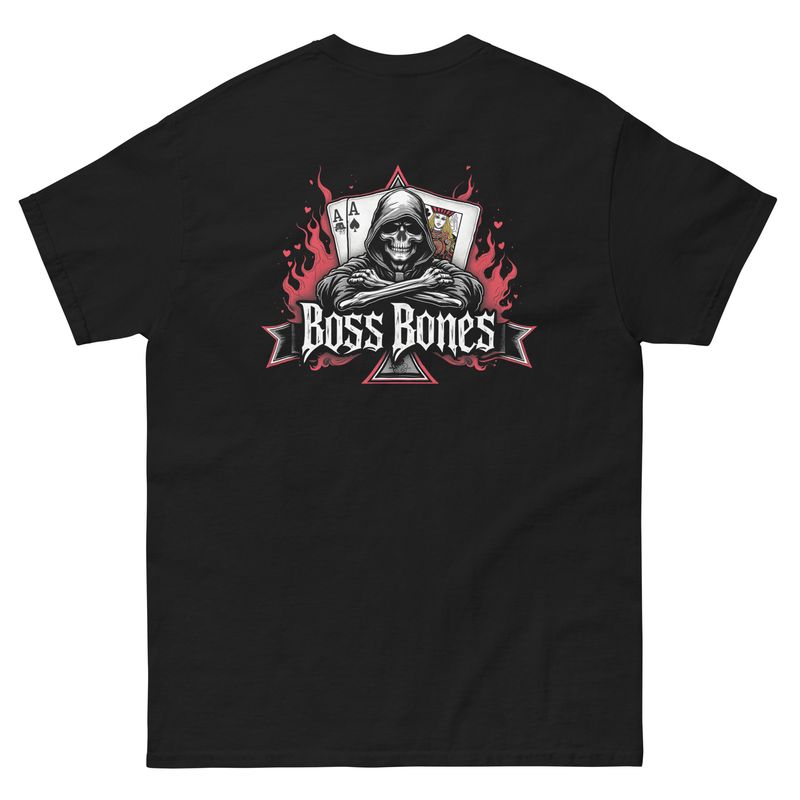 the Boss Bones Aces &amp; Fames Skull T-Shirt - where style meets the macabre in a blend of comfort and cool. Crafted for those who dare to stand out, this t-shirt is not just apparel; it&#39;s a statement.