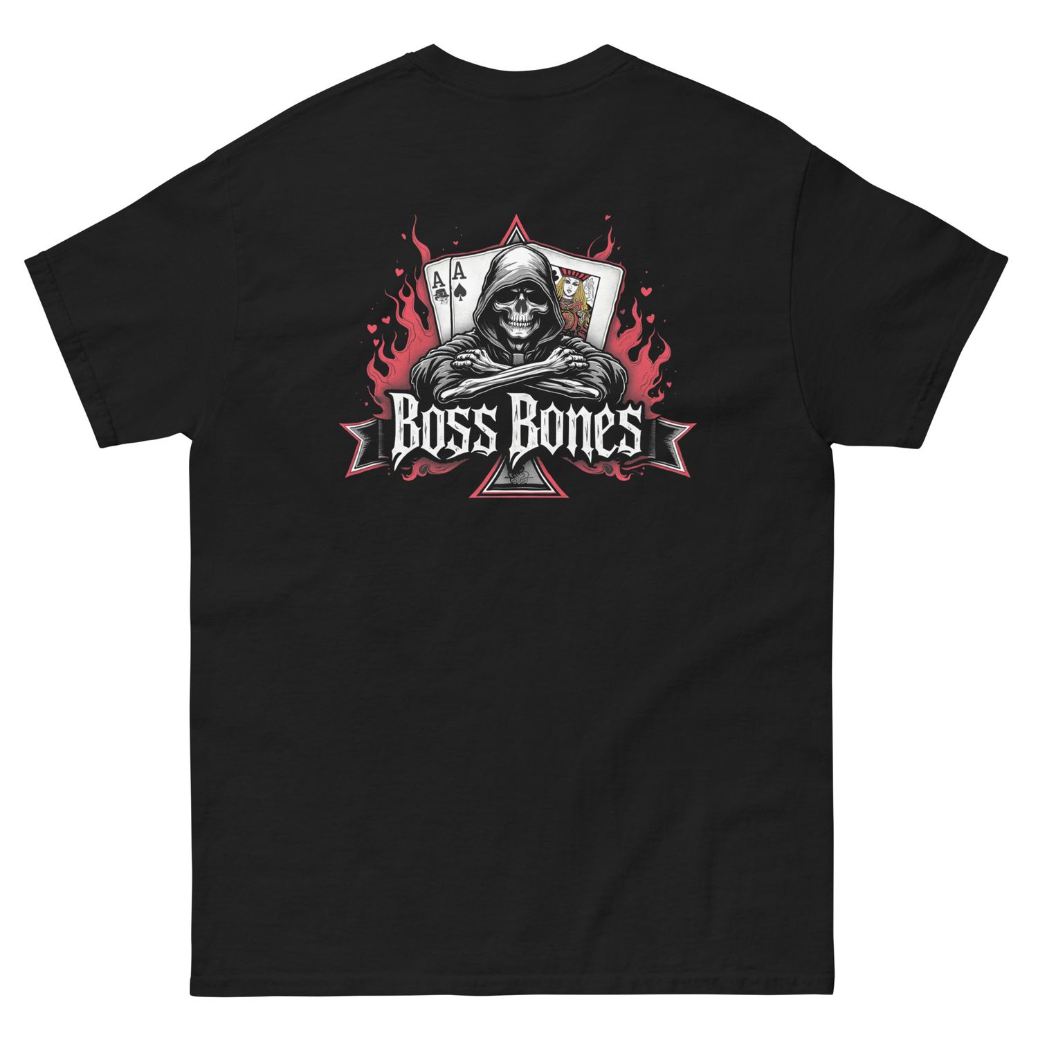 the Boss Bones Aces &amp; Fames Skull T-Shirt - where style meets the macabre in a blend of comfort and cool. Crafted for those who dare to stand out, this t-shirt is not just apparel; it&#39;s a statement.