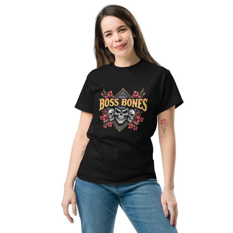 The Boss Bones Skulls And Flowers 100% cotton unisex classic tee will help you land a more structured look. It sits nicely, maintains sharp lines around the edges, and goes perfectly with layered streetwear outfits. Plus, it&#39;s extra trendy now!