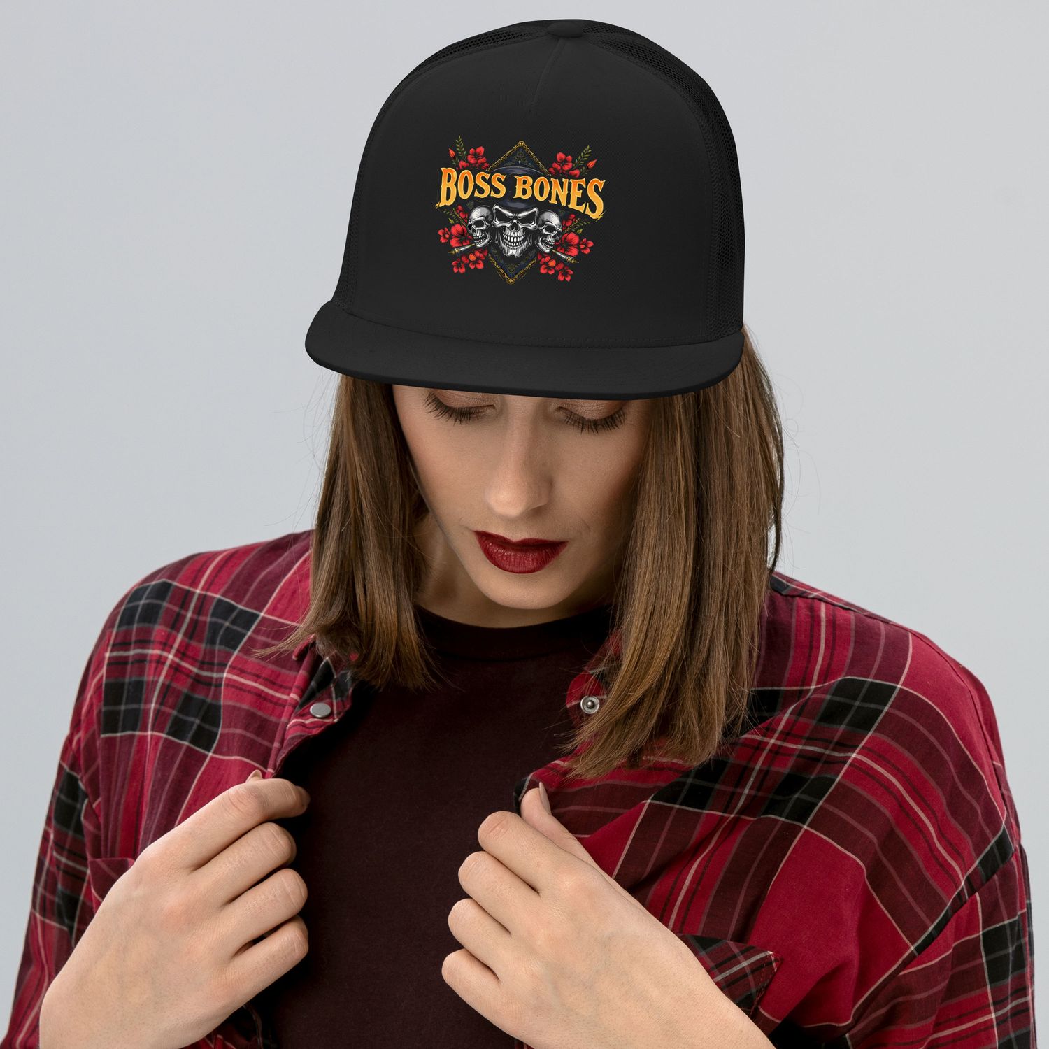 Boss Bones Skulls and Flowers Trucker Cap