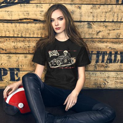  Boss Bones Racer Unisex T-Shirt – where style meets speed! This isn&#39;t just a shirt; it&#39;s a statement for those who live life in the fast lane. Beautiful girl wearing T shirt holding here helmet