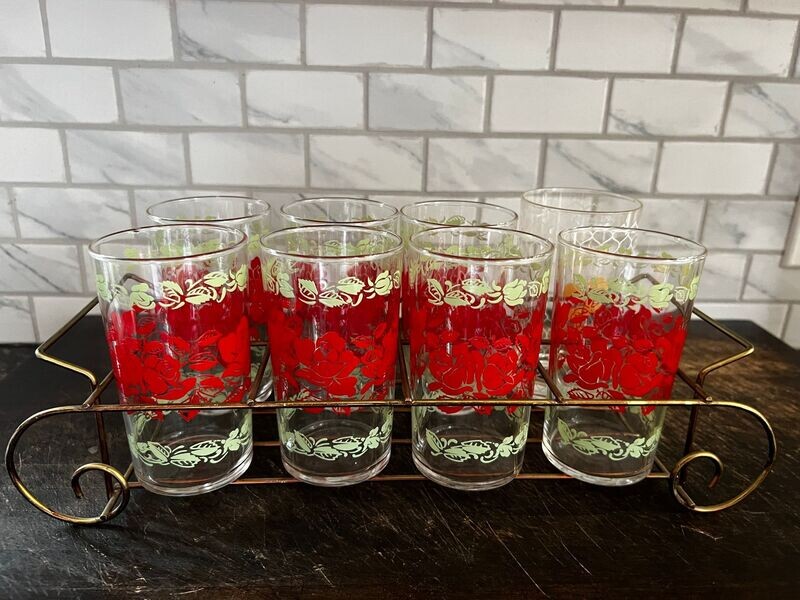 Floral Juice Glasses with Carrier - Vintage