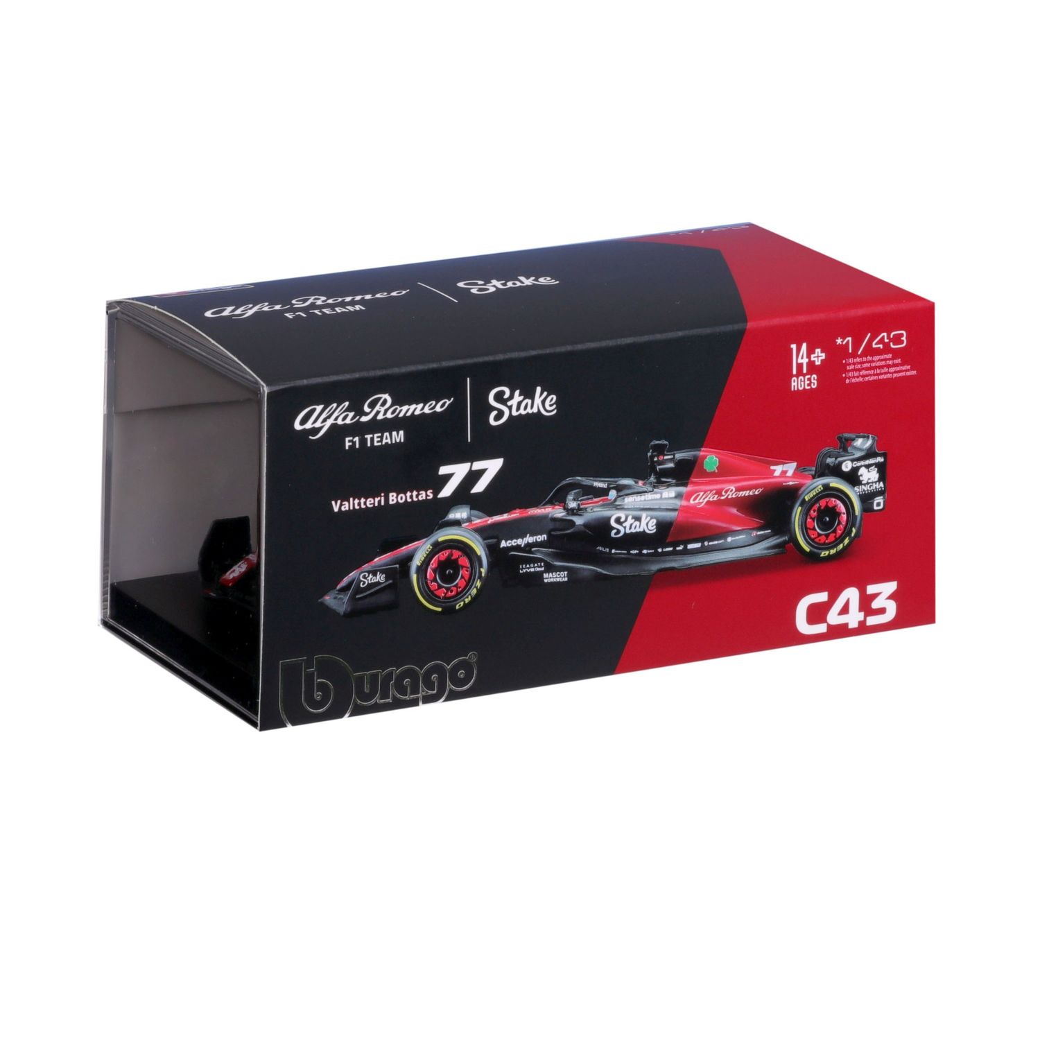 Bburago 1/43 Alfa Romeo F1 C43 with helmet - Collectors Hard Case - #77 Valtteri Bottas