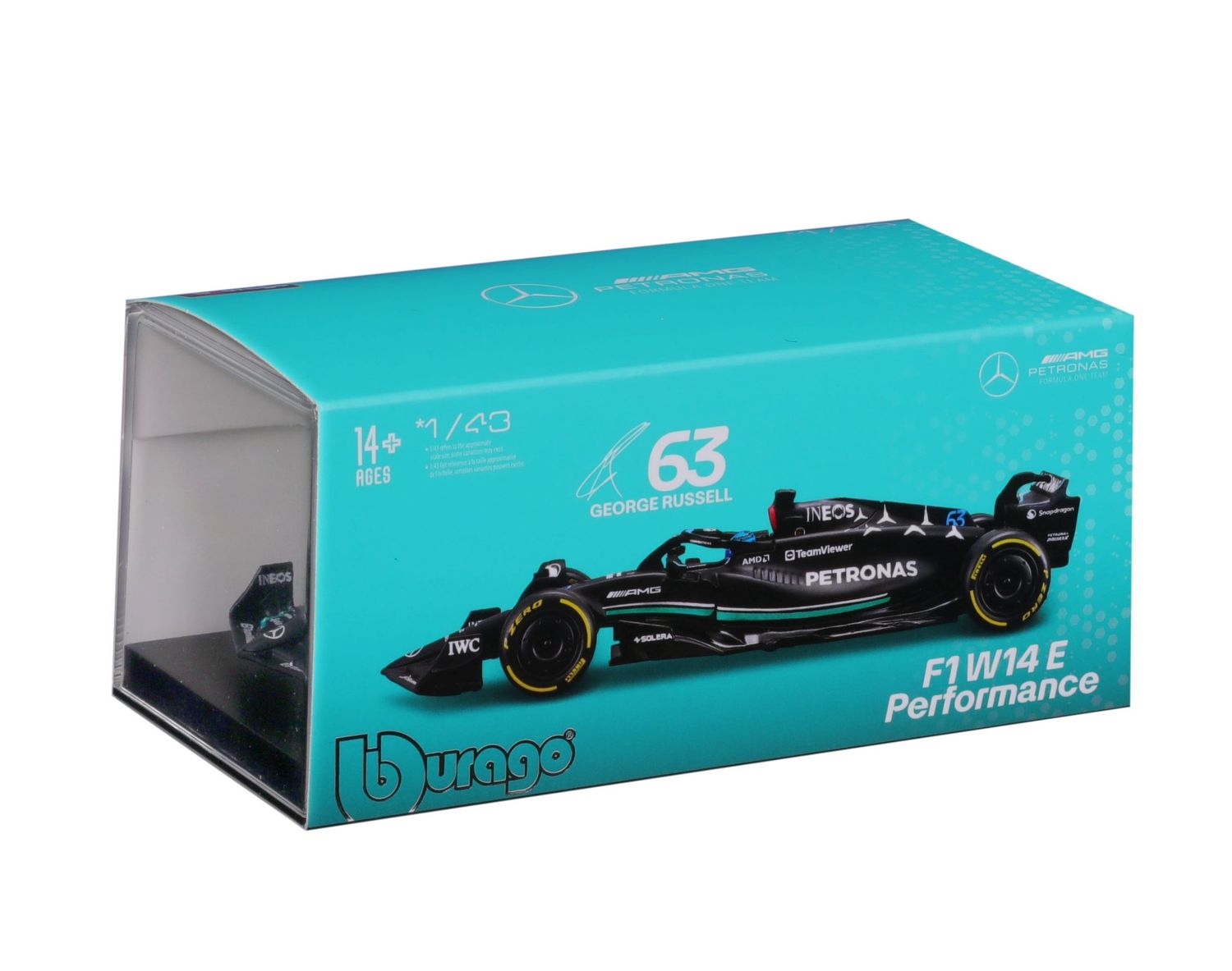Bburago 1/43 Mercedes AMG F1 W14 2023 with helmet - Collectors Hard Case - #63 George Russel