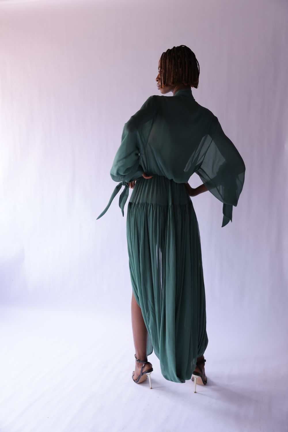 PINE GREEN CREPE CHIFFON BOHO INSPIRED DRESS