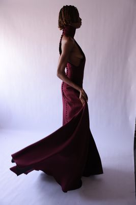 MAROON HALTER BALL DRESS IN CREPE WITH COVERED BUTTON