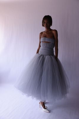 GREY TULLE DRESS WITH UNDER BUST CUT OUT