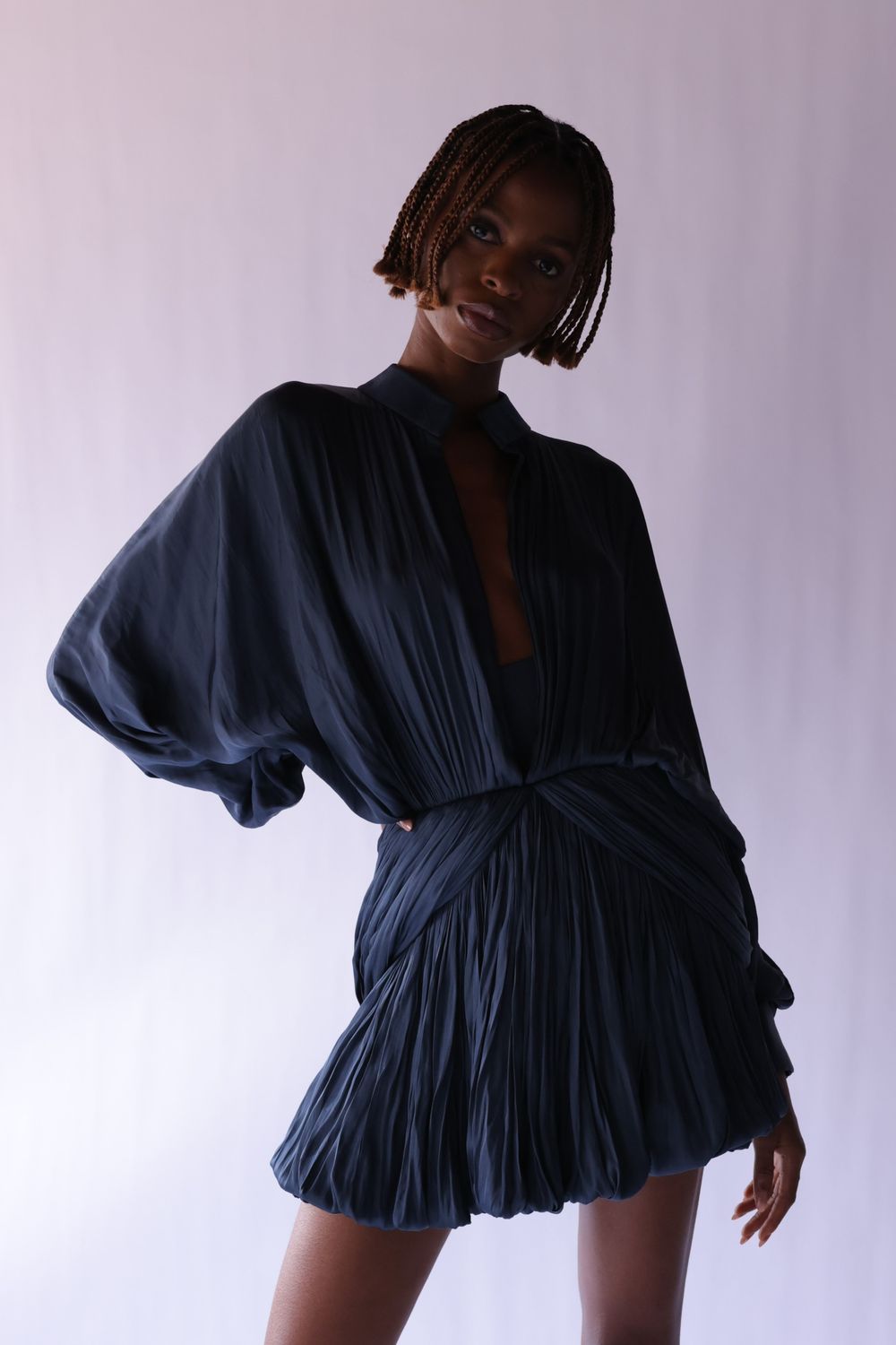 HAND PLEATED MINI GREY DRESS WITH CORSET WAIST BAND