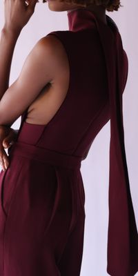 MAROON CREPE VEST WITH VELVET TRIM DART DETAIL