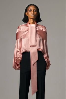 CORAL SILK BLOUSE WITH RIBBON PUSSY BOWTIE