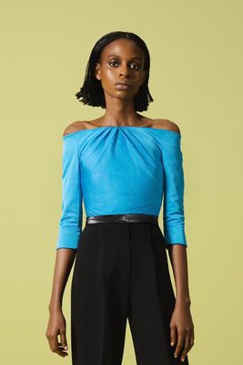 AZURE OFF THE SHOULDER SILK CORSET TOP WITH CENTER FRONT NECK PLEAT DETAIL