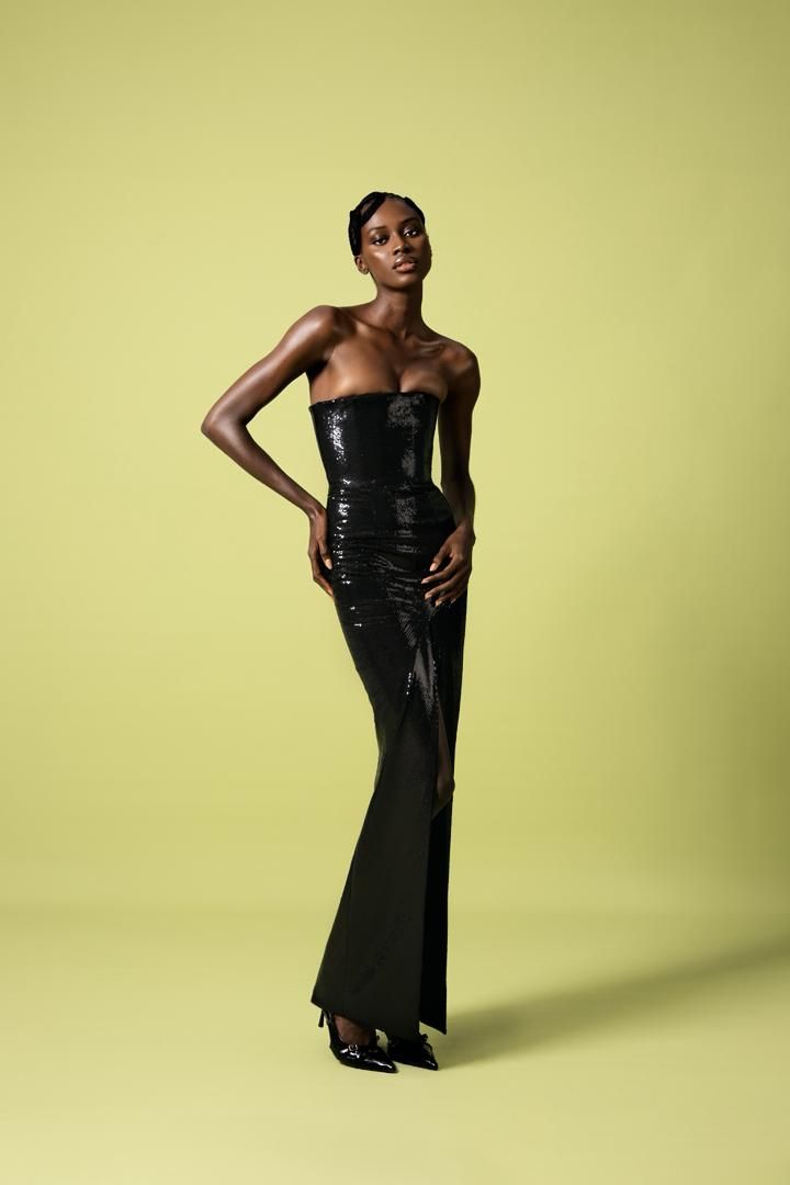 SEQUIN TUBE DRESS WITH CENTER FRONT SLIT AND METALIC ZIPPER AS BACK FASTENER