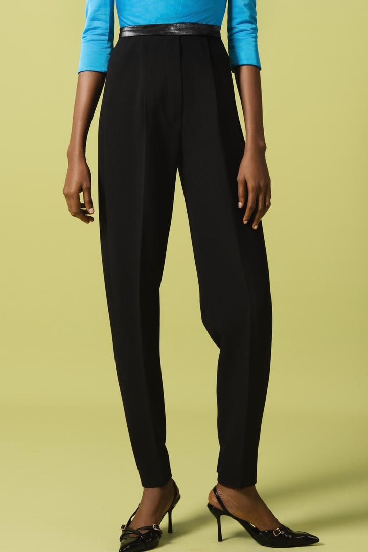 THE CIGARETTE PANT: CREPE WITH PLEATHER &amp; HEM FASTENERS