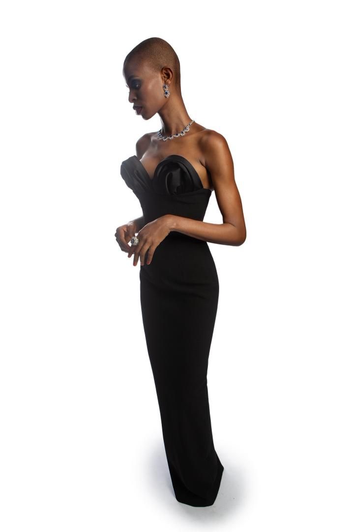 BLACK CREPE DRESS WITH SILK ROSE BUSTIER