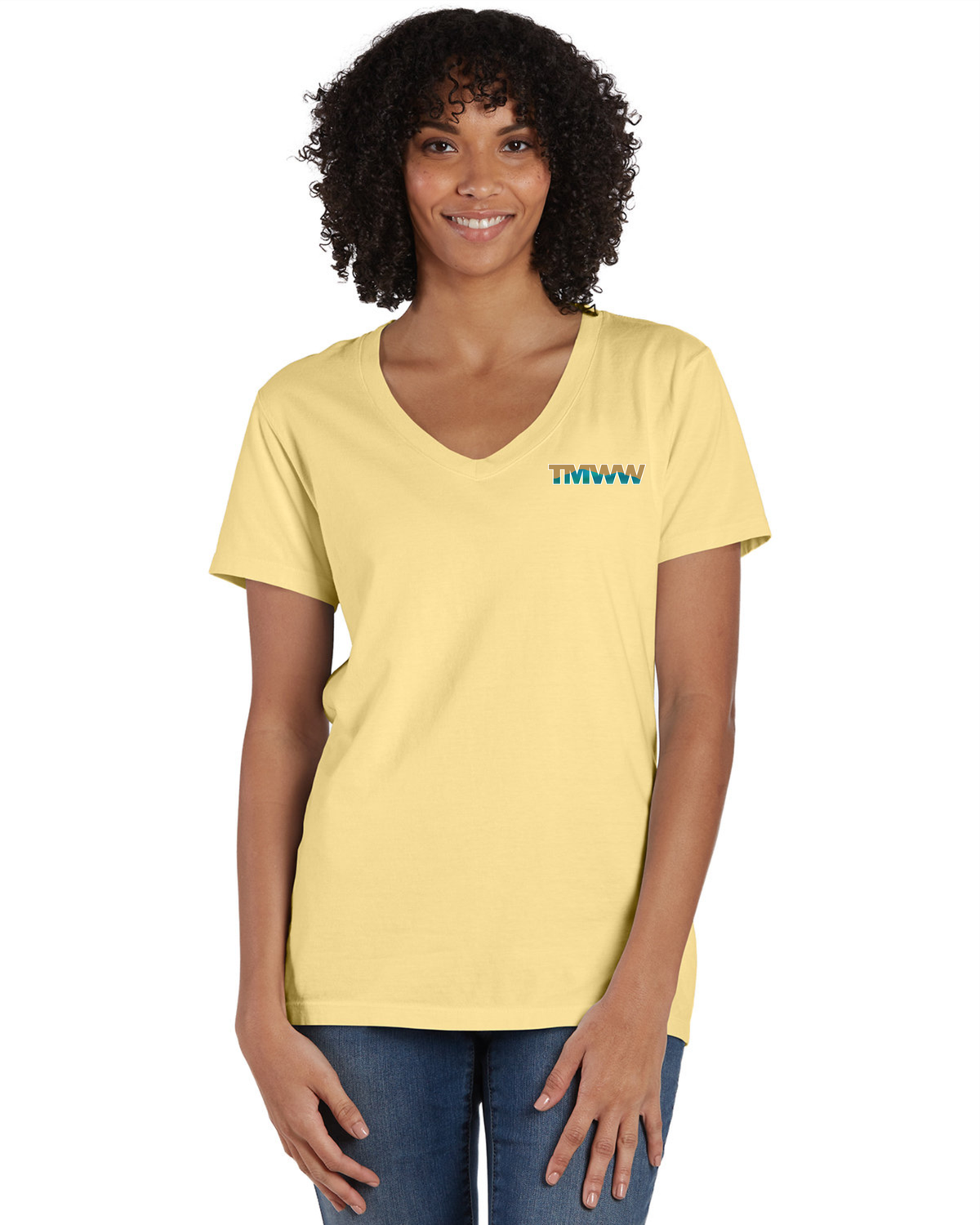 TMWW - Ladies V-Neck, Color: Summer Squash, Logo: Logo Only, Size: Small