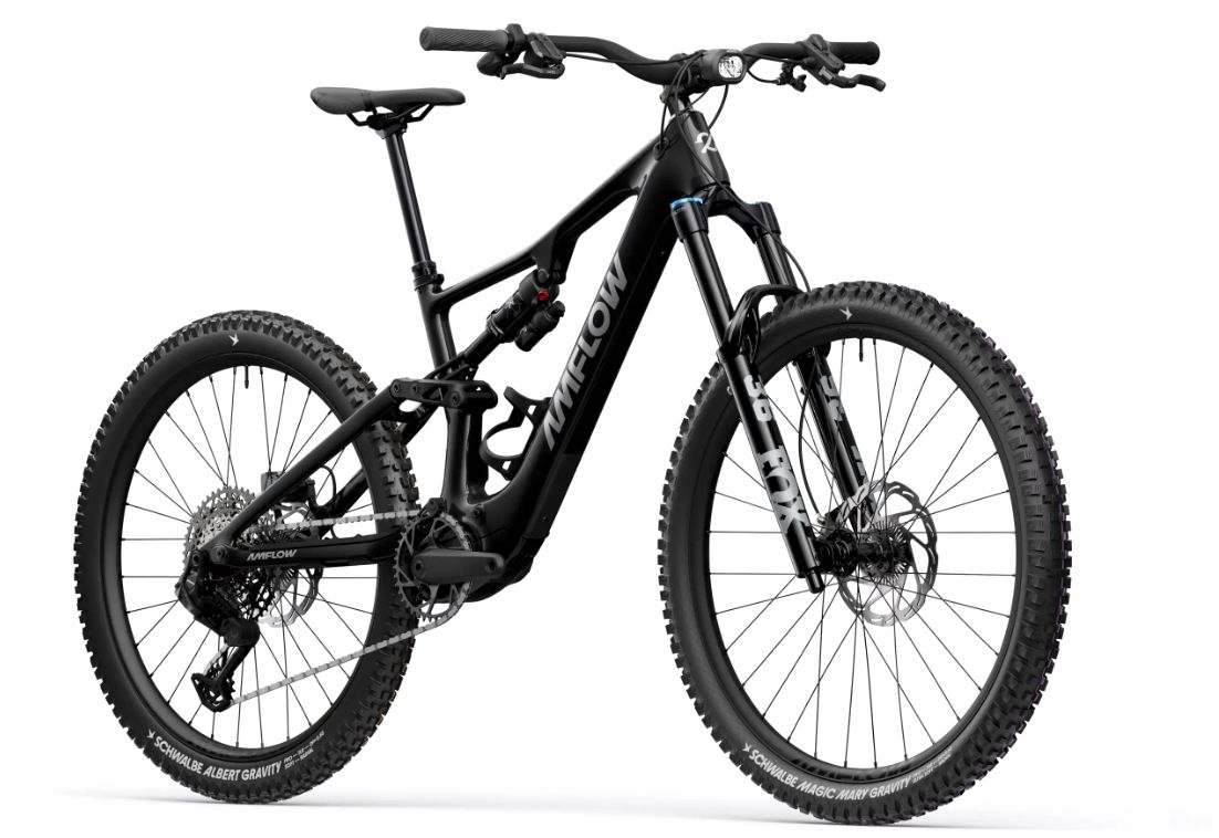 Amflow PX Carbon electric mountain bike in Phantom Black, full bike 3/4 view