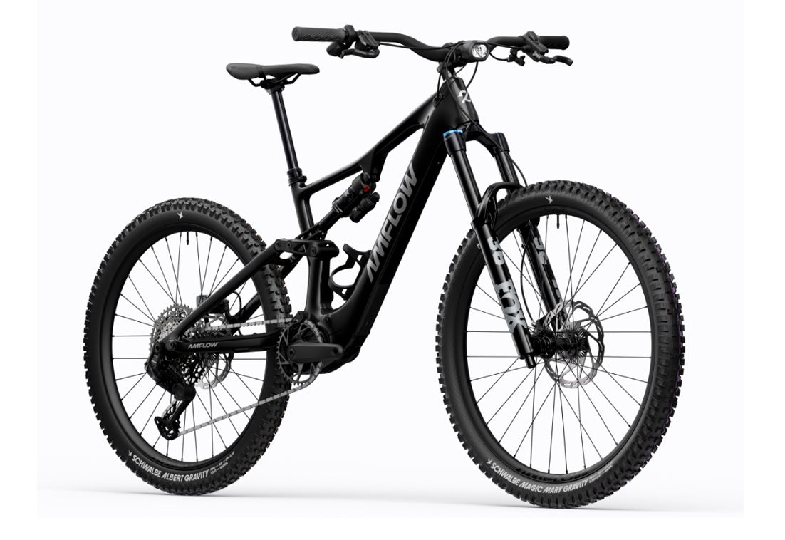 Amflow PX Carbon electric mountain bike in Phantom Black, full bike 3/4 view