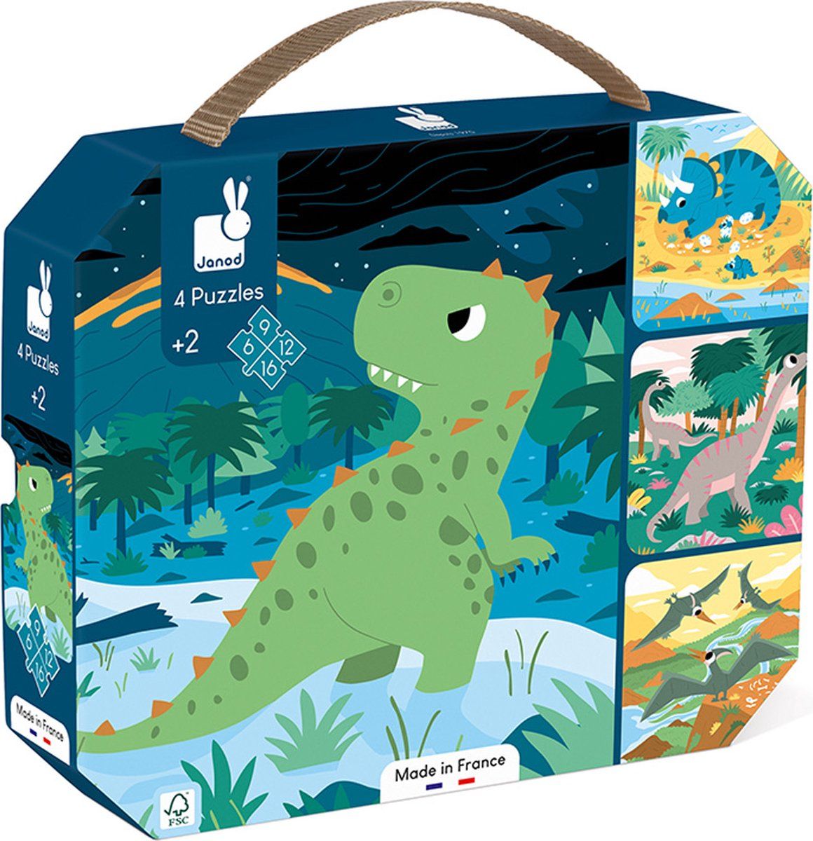 Janod - 4 Puzzels - Dino&#39;s - 6-9-12-16 Stuks