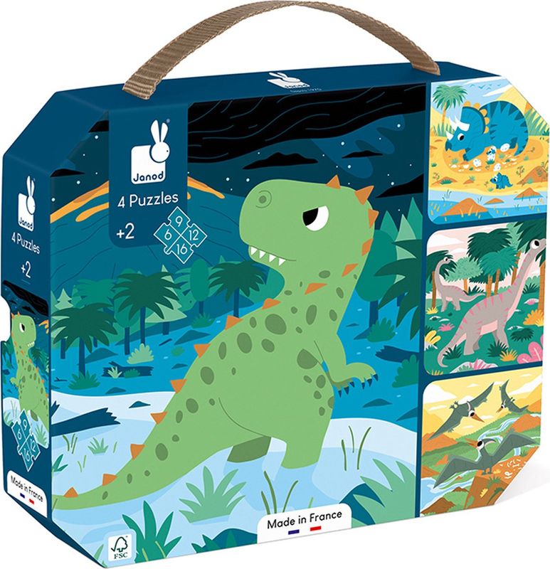 Janod - 4 Puzzels - Dino&#39;s - 6-9-12-16 Stuks
