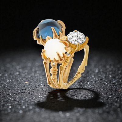 Dreierkombination von Schmuckringen aus der Schmuckkollektion Baby-Gremlin in Rotgold mit Diamanten und Edelsteine.