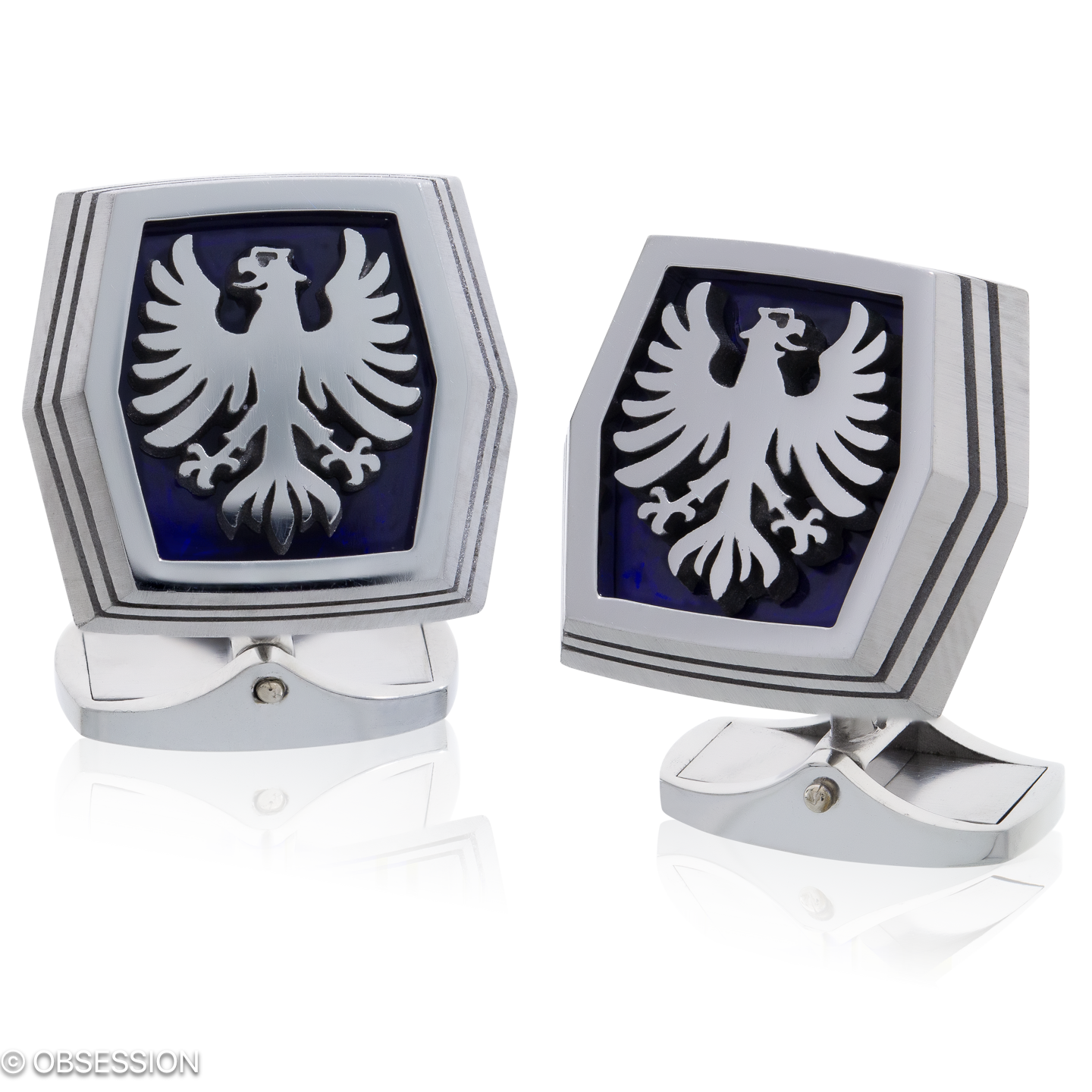 Transformer Manschettenknöpfe mit Wappen-Motiv in Edelstahl mit Hightech Keramik in blau mit Adler-…