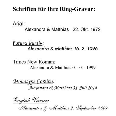 Schriftarten für die persöndliche Ringgravur im Trauring, Partnerring, Ehering, Verlobungsring oder…
