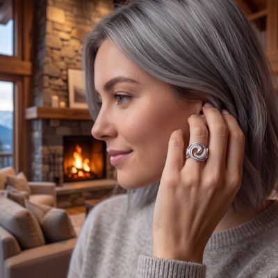 Einzigartiger, geschwungener Cocktail-Ring ein einem sehr dreidimensionalen Design in Weissgold und…