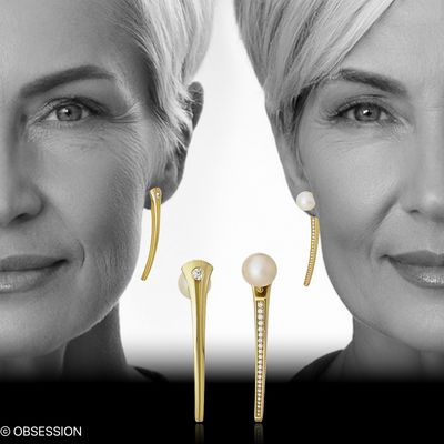 Wendbare Stab Ohrstecker in Gelbgold mit Perle als Verschluss und Diamanten