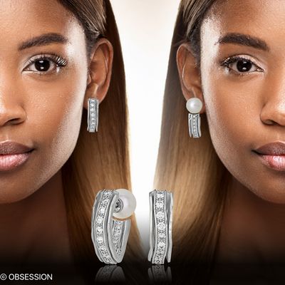 Wendbare, luxuriöse Weissgold Ohrringe mit grossen Diamanten und weisser Süsswasser Perle
