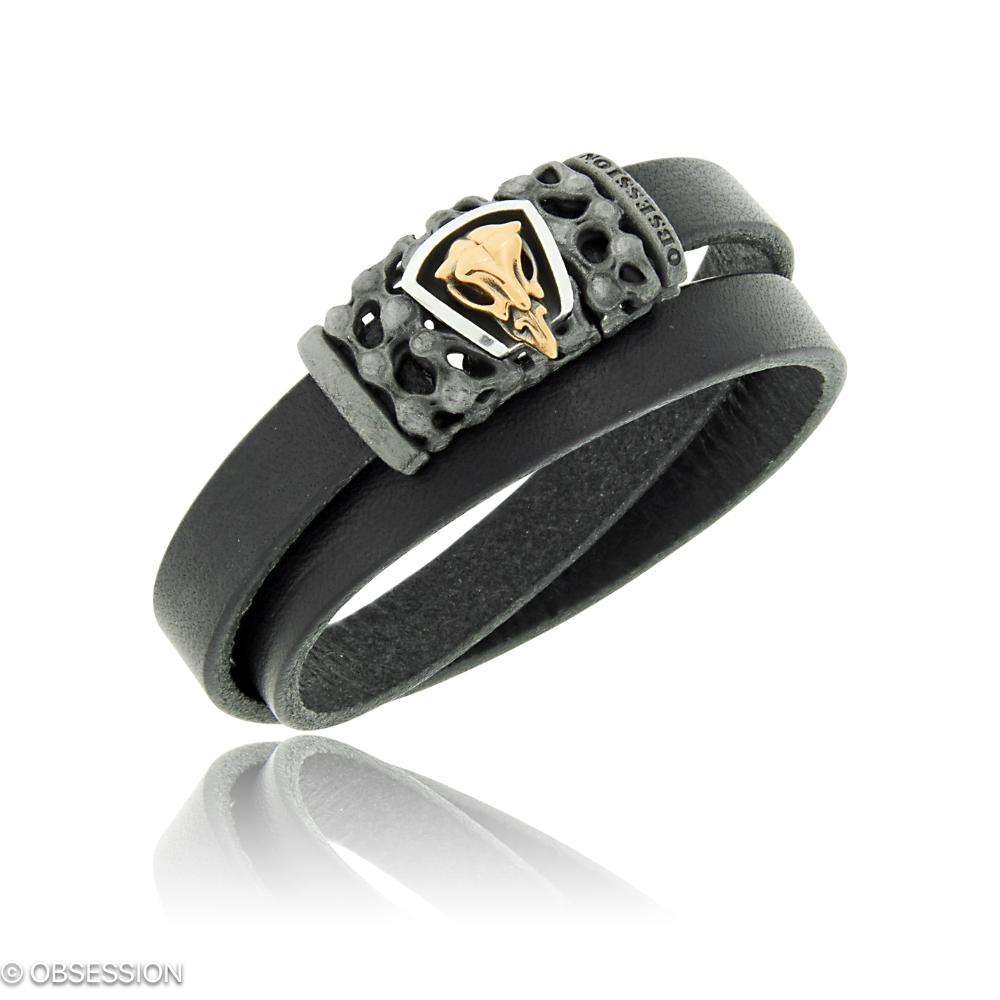 Mikrokosmos Lederarmband mit Schädel-Motiv in Rotgold und Silber, mit einer Breite von 2mm, geeigne…