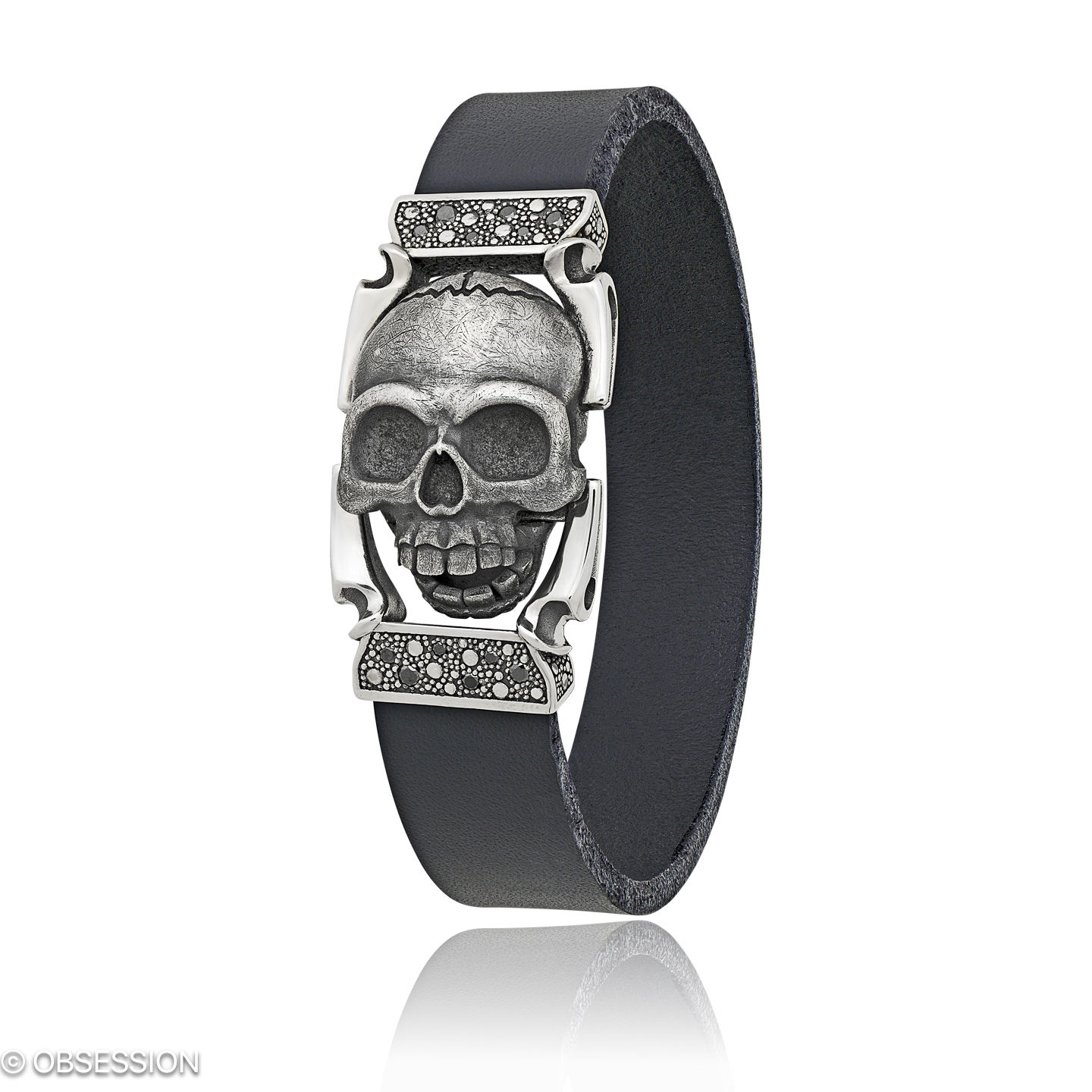 Gremlin Lederarmband mit Schädel-Motiv in Silber, mit einer Breite von 5mm, geeignet für einen Armu…