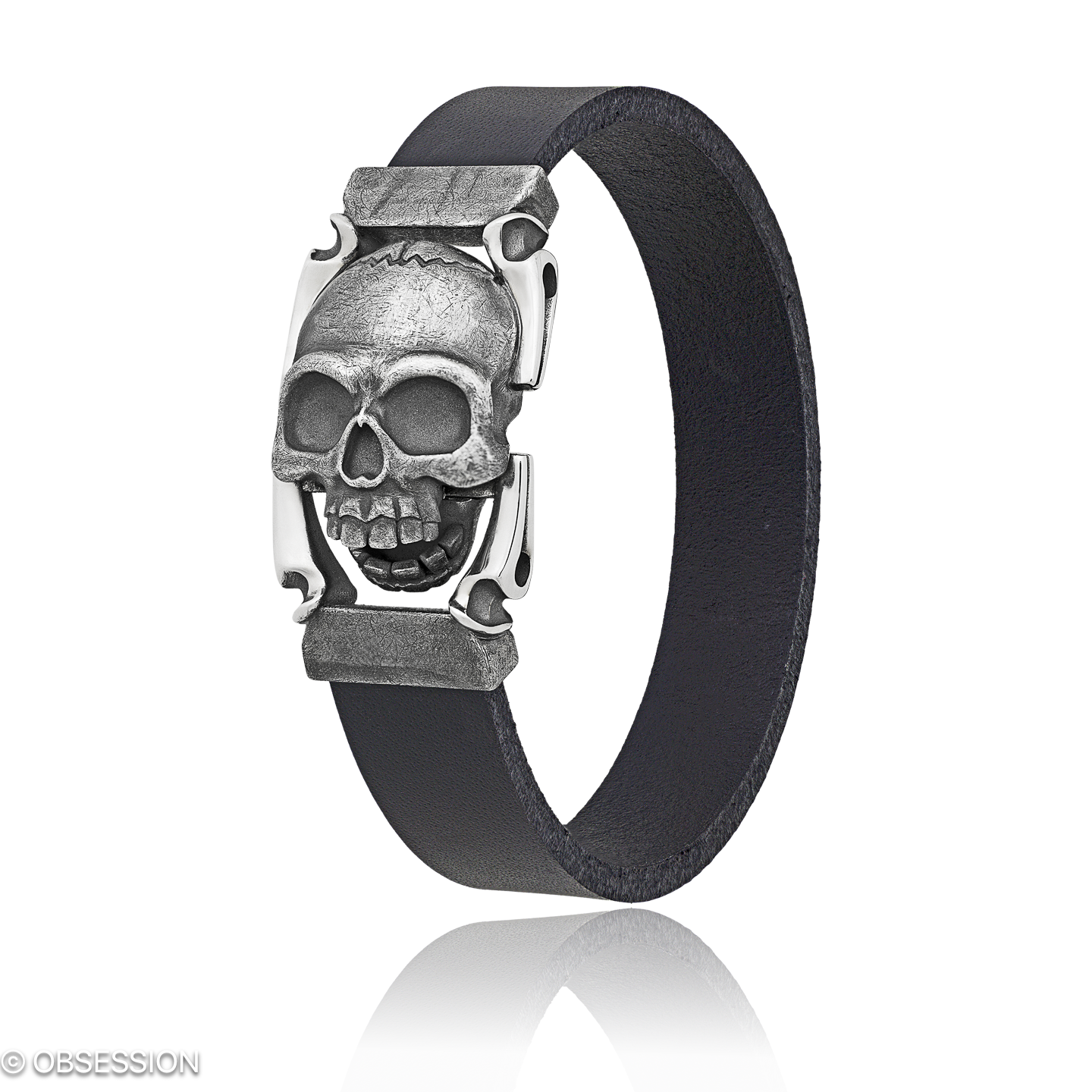 Gremlin Lederarmband mit Schädel-Motiv in Silber, mit einer Breite von 5mm, geeignet für einen Armu…