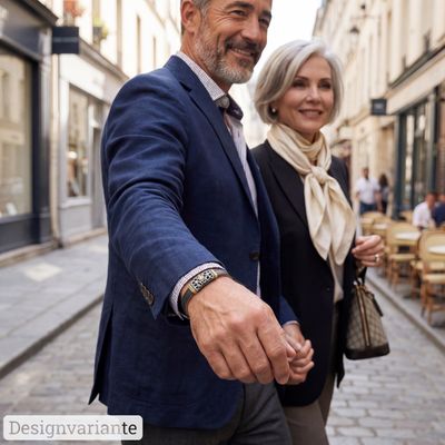 Elegantes Herrenarmband in Silber und Rotgold kombiniert mit geprägtem Leder und einem Diamant