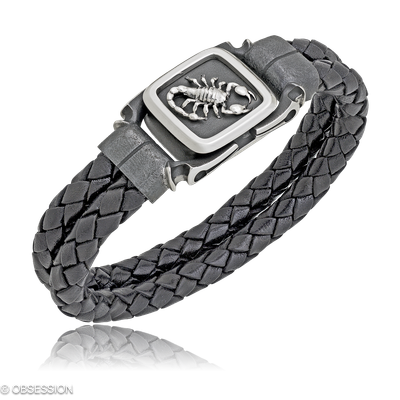 Gremlin Lederarmband mit Skorpion-Motiv in Silber, mit einer Breite von 5mm, geeignet für einen Arm…