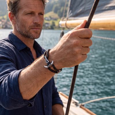 Dunkles Herren Lederarmband mit Silber mit einem Verschluss in Form eines Schiff-Anker