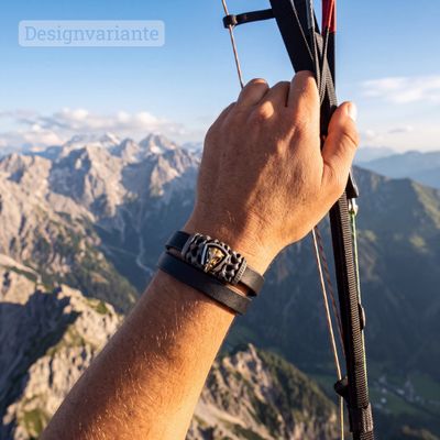 Doppeltes schwarzes Lederarmband für Herren mit hochwertigem strukturiertem Silberverschluss mit Sc…