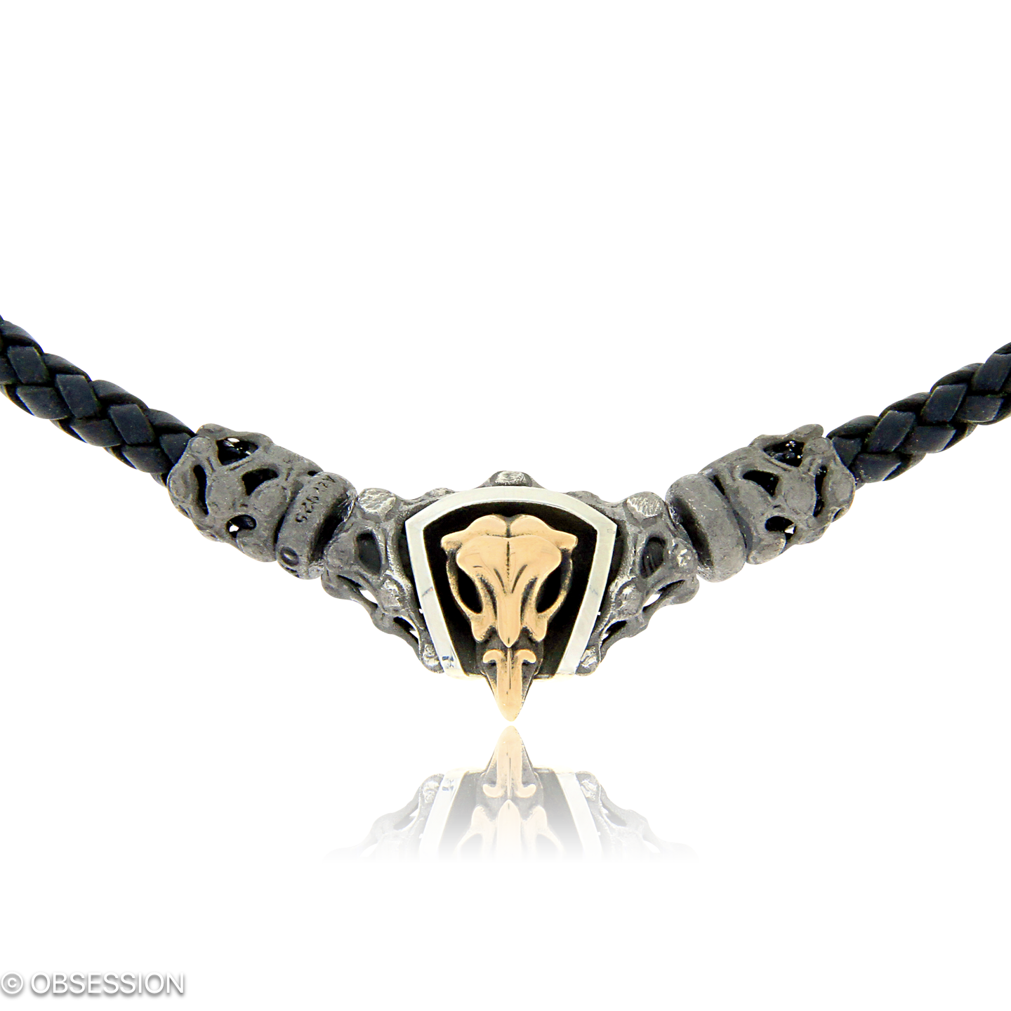 Mikrokosmos Ledercollier mit Schädel-Motiv in Rotgold und Silber, mit einer Länge von 430mm.