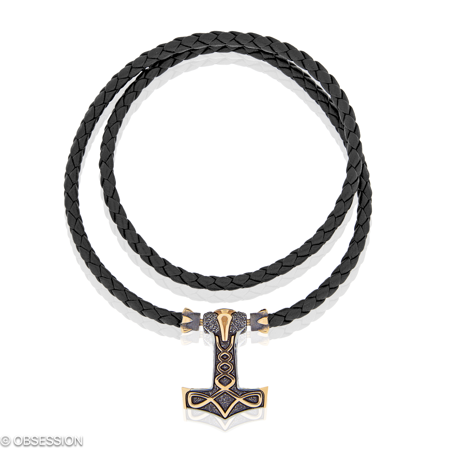 Gremlin Ledercollier mit Thor's Hammer-Motiv in Rotgold und Edelstahl, mit einer Länge von 470mm.