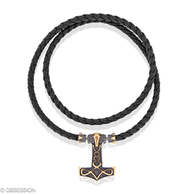 Gremlin Ledercollier mit Thor's Hammer-Motiv in Rotgold und Edelstahl, mit einer Länge von 470mm.