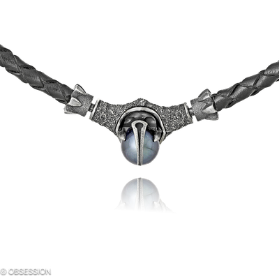 Ledercollier Gremlin in Silber und einem Tahitiperle